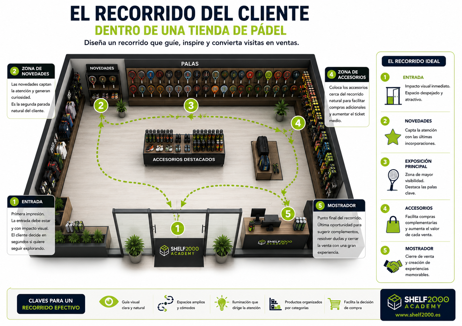 Recorrido del cliente dentro de una tienda de pádel